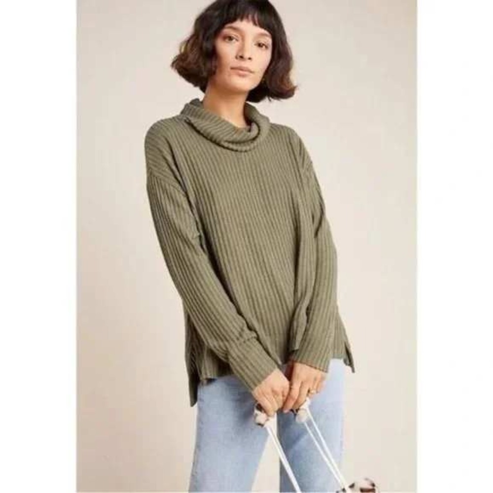 Anthropologie Maeve Vanna Cowl Neck Sweater Ribbed Flowy Olive Green Womens XS